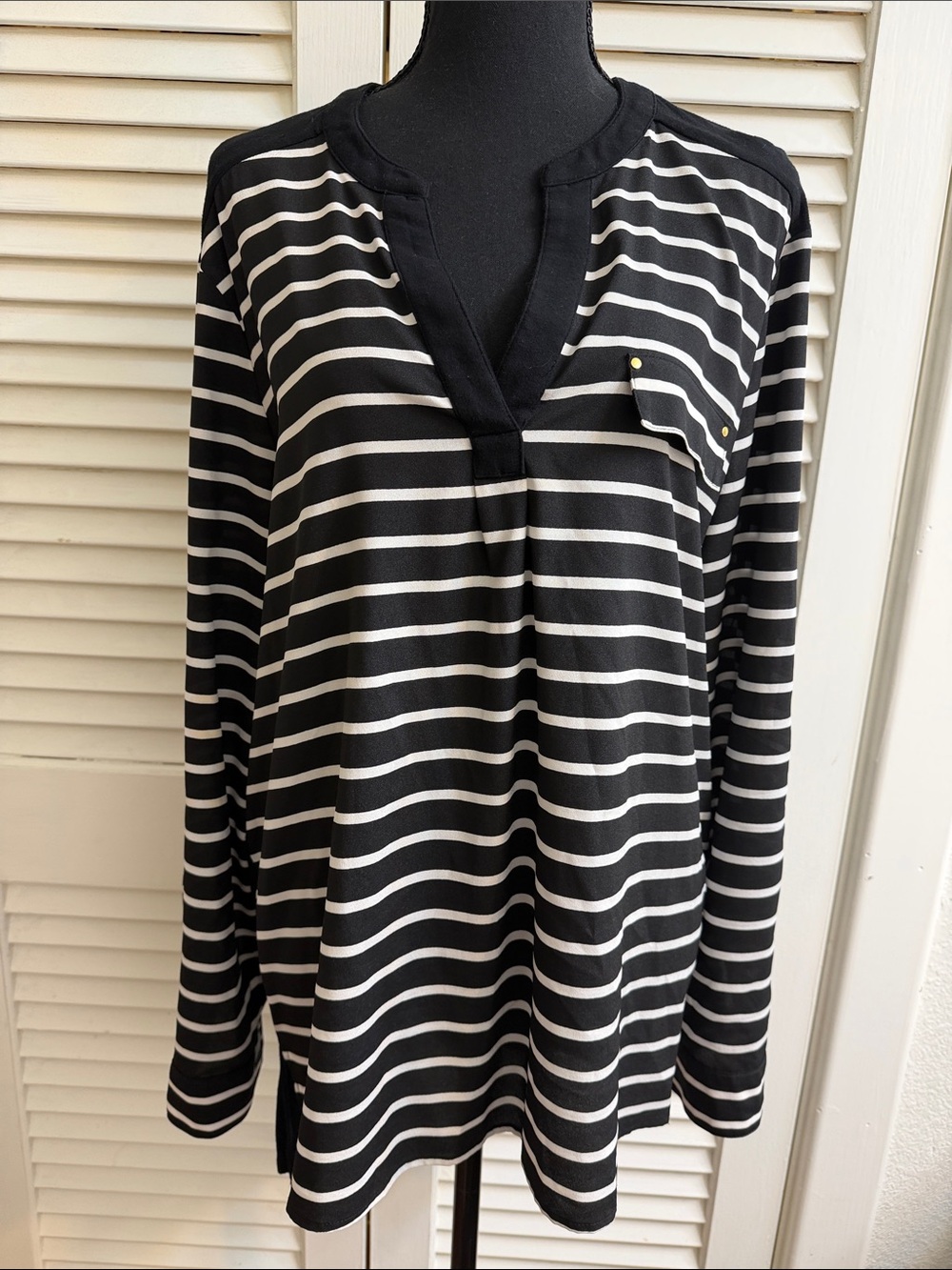 Calvin Klein Black and White Striped V-Neck Blouse